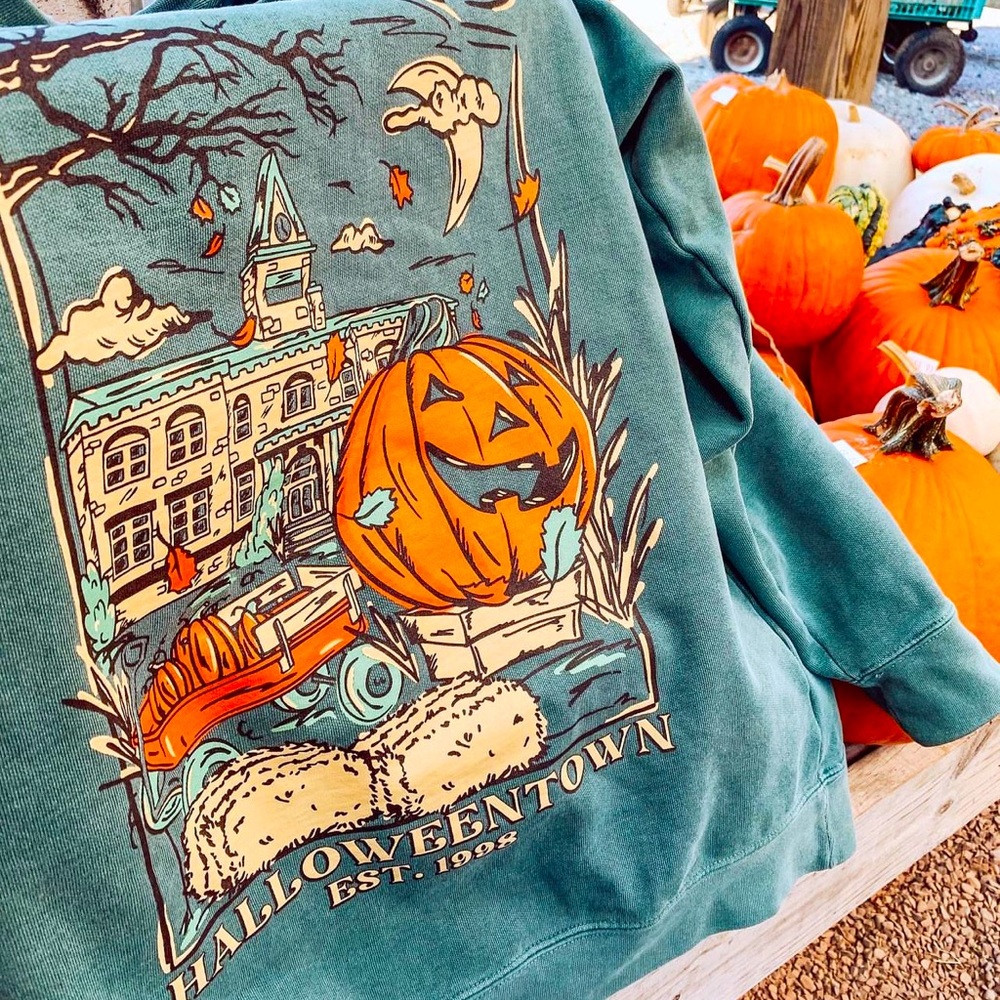 EUC Zip-A-Dee Tees HALLOWEENTOWN Crewneck Sweatshirt size S Blue Spruce color